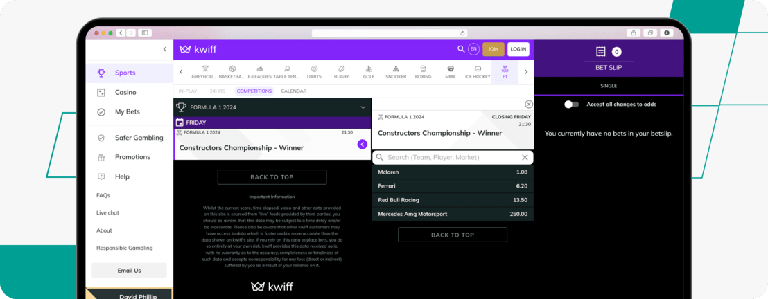 F1 market on Kwiff