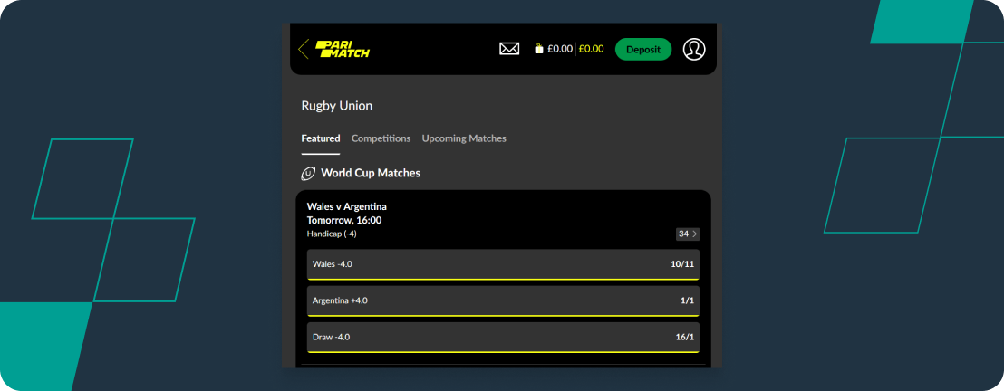 Screenshot of Parimatch Rugby Betting Markets.