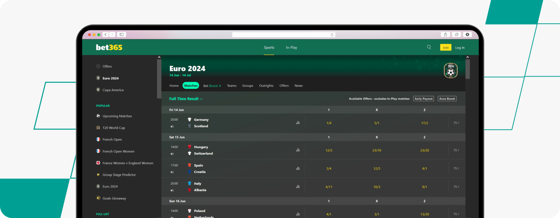 screenshot of bet365 euro 2024 page